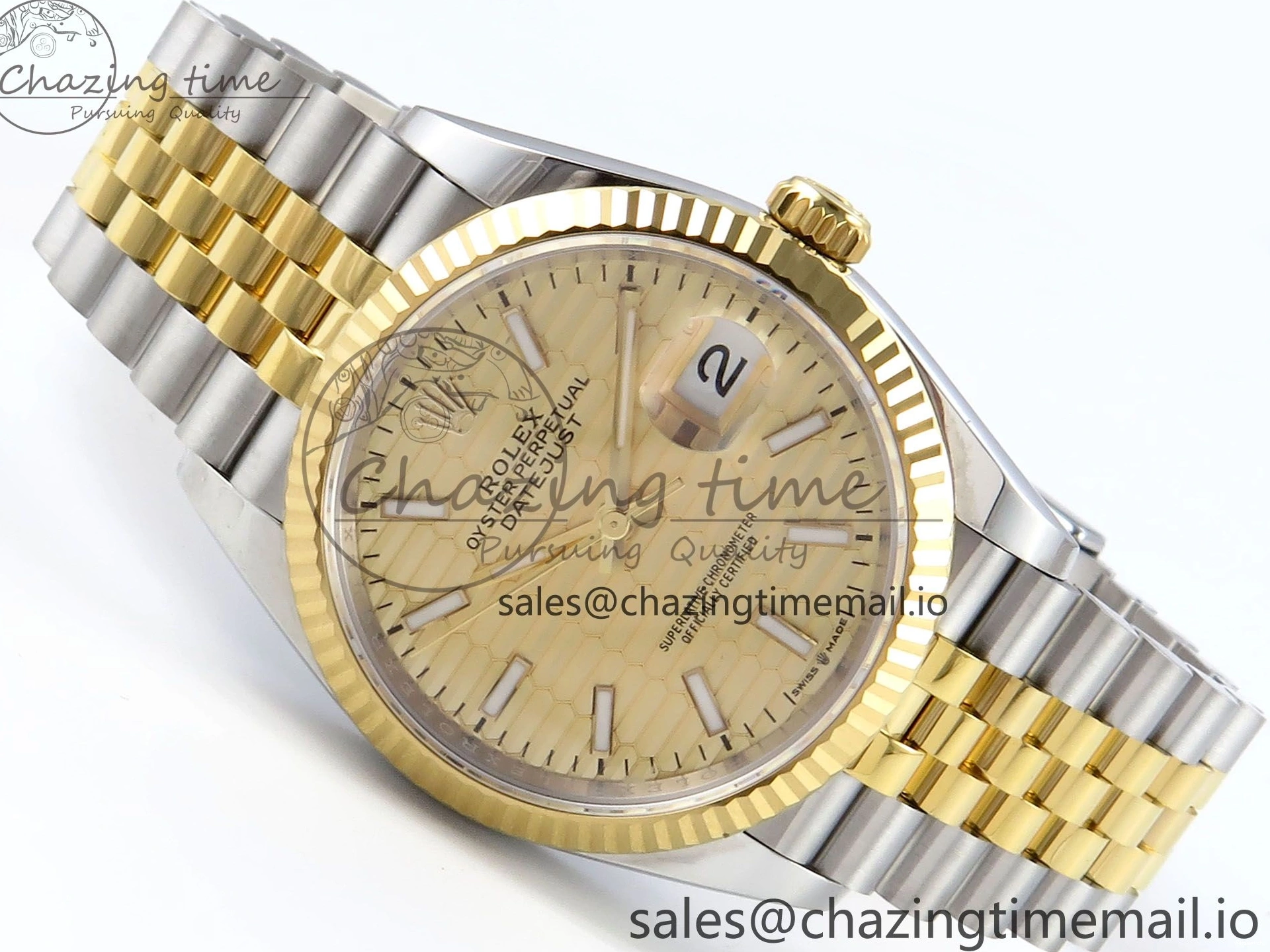 Best Stick YG 126233 EWEF SS on Textured Jubilee A3235 Bracelet 36 Marker YG Edition DateJust Dial 0510